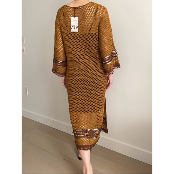 Zara mustard crochet knit bell sleeve sequin embellished kaftan dress - Picture 5 of 9